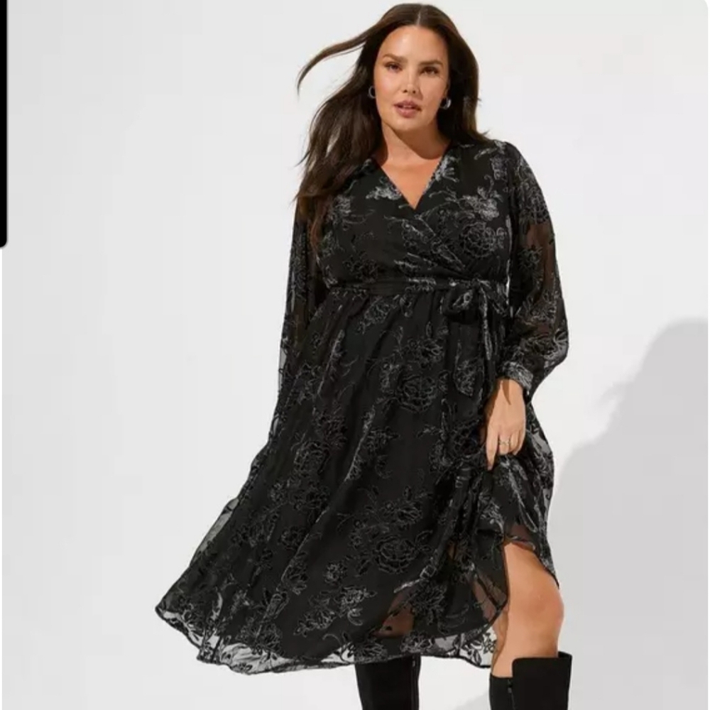 Midi Burnout Velour Blouson Surplice Dress